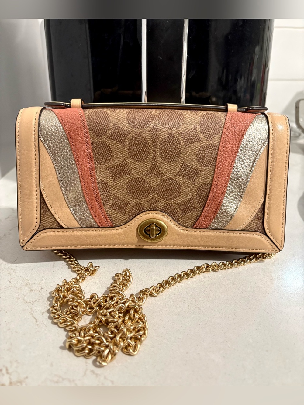 Coach Leather Crossbody Handbag With Gold Strap And Handle, Signature C Logo